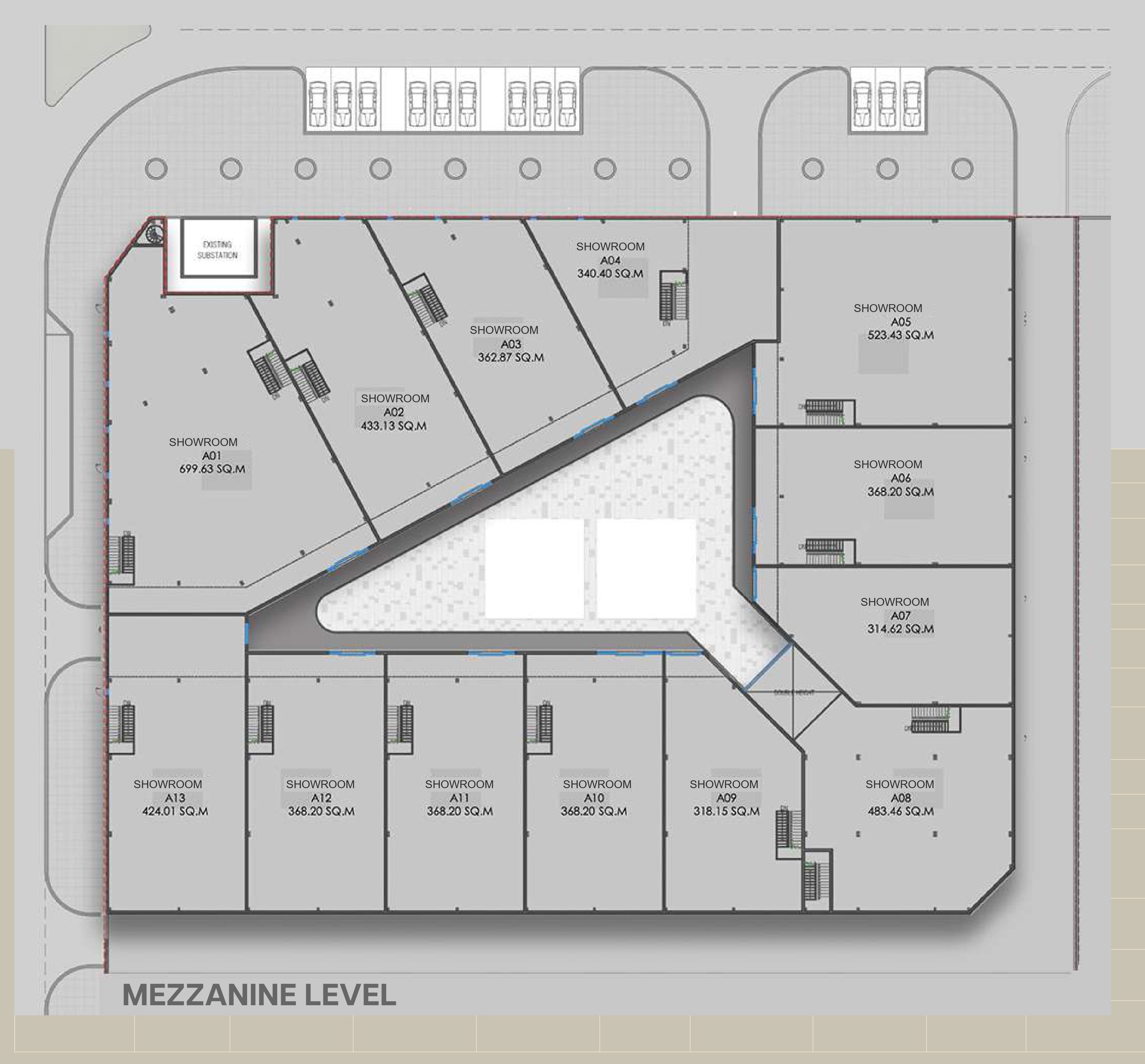SOURCEHAUS Mezzanine floor plan — 13 showroom units around a central atrium